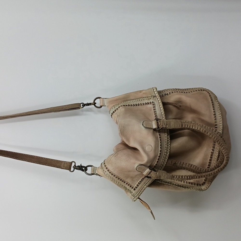 Free People Taupe Studded Leather Hobo Crossbody Bag